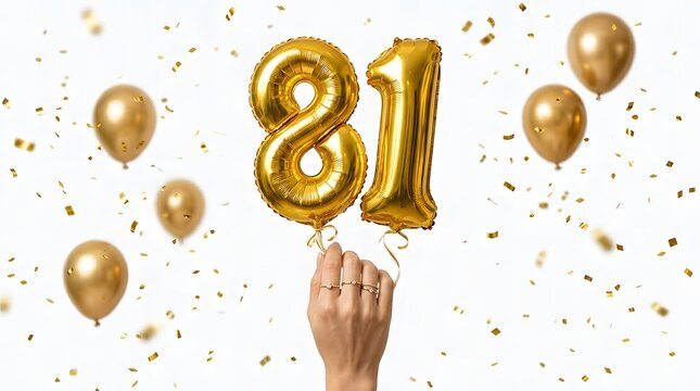 Golden balloons and confetti celebrating 81st birthday or anniversary