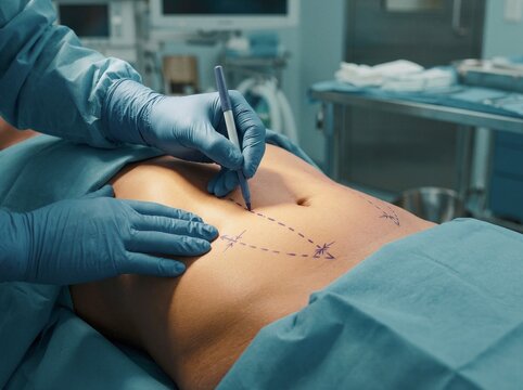 Surgeon marking surgical incision site on patient's abdomen in operating room