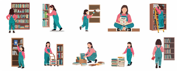 Little girl librarian character set performing various tasks in a library like reading, dusting, and organizing bookshelves © Kkasey
