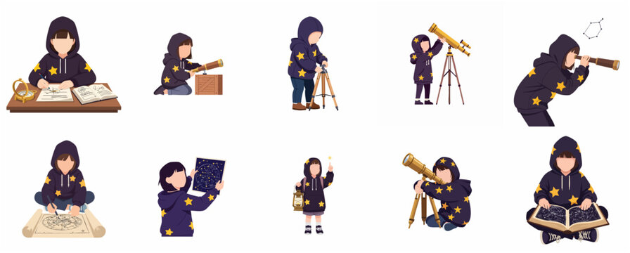 Cute little girl exploring astronomy and stargazing with telescope and star maps illustration set