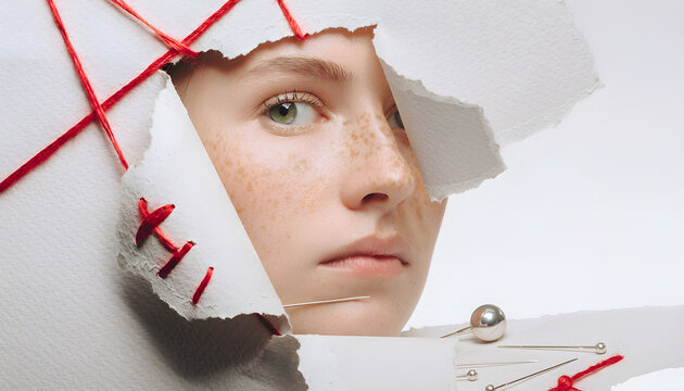 Woman face behind torn paper with red thread