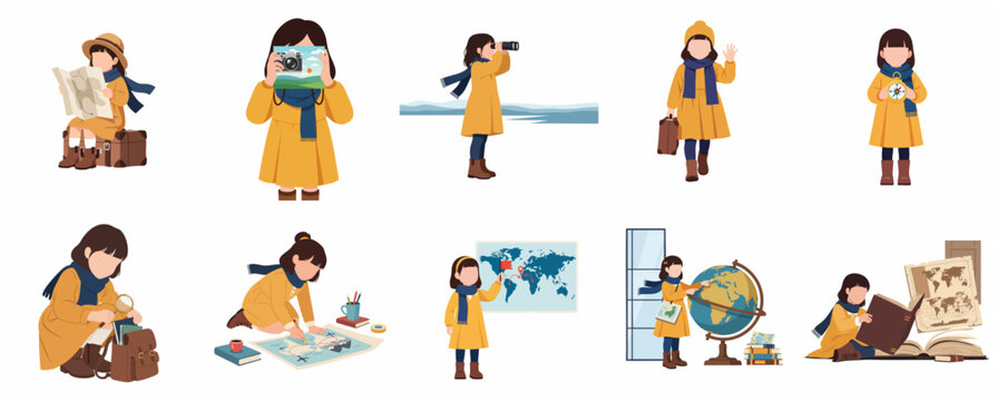Set of little girl traveler character illustrations. Young explorer kid with map, camera, globe, and suitcase for travel and adventure concept.