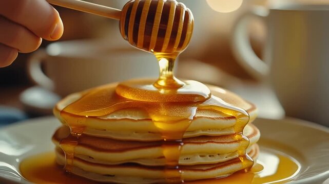 Honey Being Poured on Delicious Pancakes Breakfast