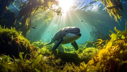 Fototapeta premium Sea turtle swimming underwater ocean floor.
