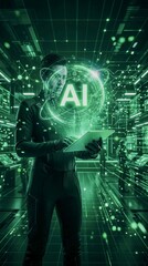 Obraz premium Cybernetic Engineer Interacts with Augmented Reality Interface in Futuristic Data Core