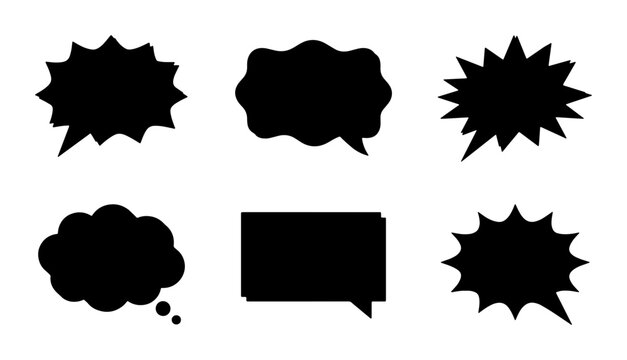 Set of 6 Black Speech Bubbles, Comic Style Dialogue Icons, Vector Shapes for Communication and Ideas, Graphic Design Elements