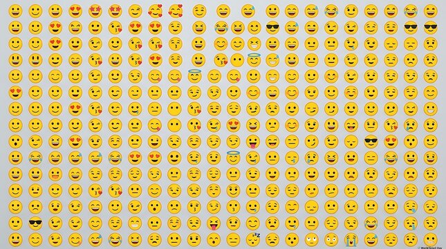 Bright collection of various smiley face emoticons and expressions in grid pattern design