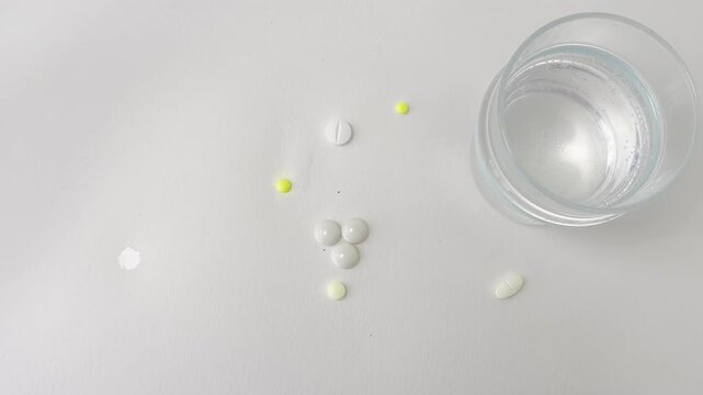 Effervescent aspirin tablet dissolving in a glass of water with various pills on a white background, high angle view of painkiller fizzy reaction and medication
