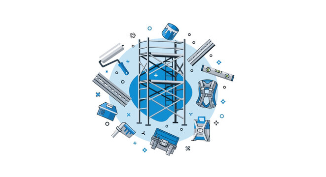 Construction and Renovation Tools Vector Illustration with Scaffolding, Painting Equipment, and Safety Gear