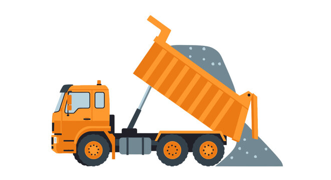 Orange dump truck unloading gravel vector illustration isolated on white background. Tipper truck for construction and industrial concepts.