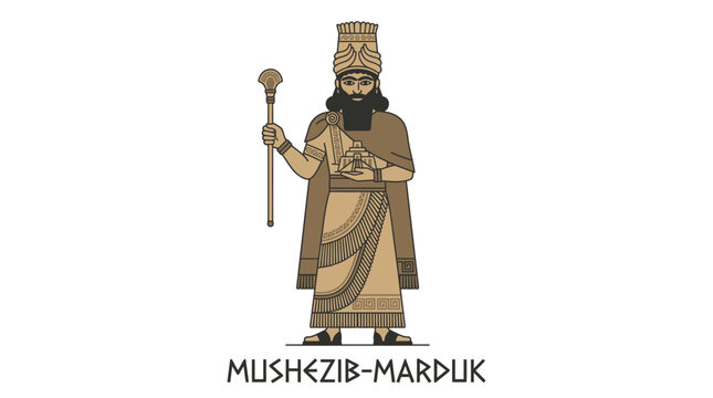 Ancient Babylonian King Mushezib-Marduk holding scepter and offering, historical illustration