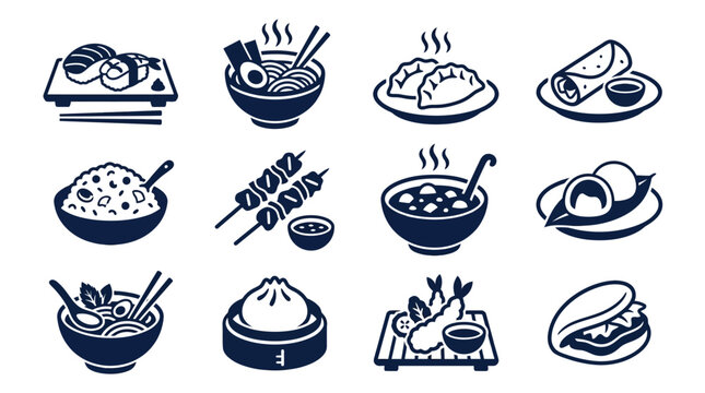 Premium flat minimal vector icon set of 12 Asian traditional foods in single color style: sushi, ramen bowl, dumpling, spring roll, fried rice, satay skewer, curry bowl, rice cake, noodle soup