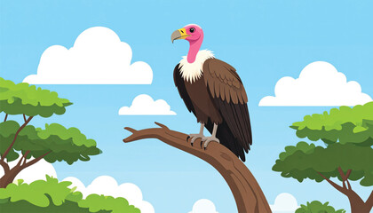 Obraz premium Lone Vulture Perched on Tree Branch.