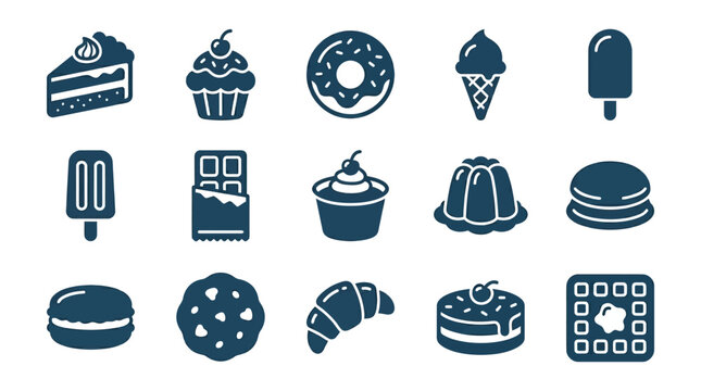 Premium flat minimal vector icon set of 12 desserts in single color style: cake slice, cupcake, donut, ice cream cone, popsicle, chocolate bar, pudding cup, jelly dessert, macaron, cookie, croissant