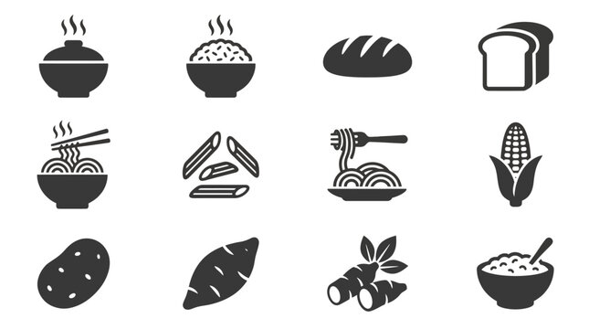Premium flat minimal vector icon set of 12 staple foods in single color style: rice bowl, cooked rice, bread loaf, sliced bread, noodles, pasta, spaghetti, corn cob, potato, sweet potato, cassava