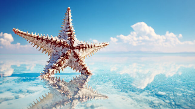 Single starfish standing on shallow tropical water reflecting blue sky and clouds