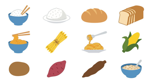 Premium flat minimal vector icon set of 12 staple foods: rice bowl, cooked rice, bread loaf, sliced bread, noodles, pasta, spaghetti, corn cob, potato, sweet potato, cassava, oatmeal