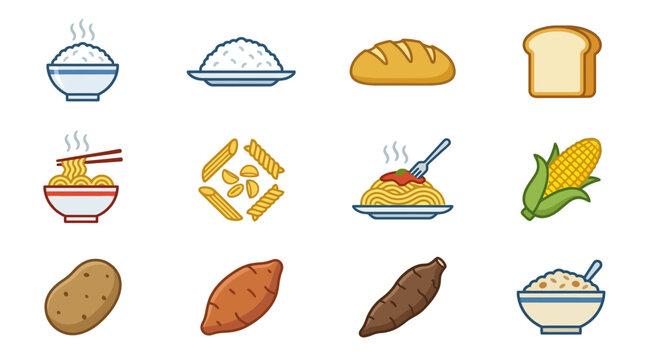 Premium flat minimal vector icon set of 12 staple foods: rice bowl, cooked rice, bread loaf, sliced bread, noodles, pasta, spaghetti, corn cob, potato, sweet potato, cassava, oatmeal