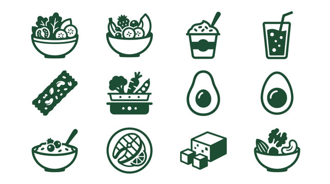 Premium flat minimal vector icon set of 12 healthy foods in single color style: salad bowl, fruit bowl, yogurt cup, smoothie glass, granola bar, steamed vegetables, avocado half, boiled egg