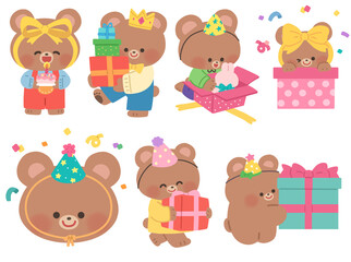 Fototapeta premium Cute bear characters celebrating birthdays with gifts, surprises and cheerful party moments