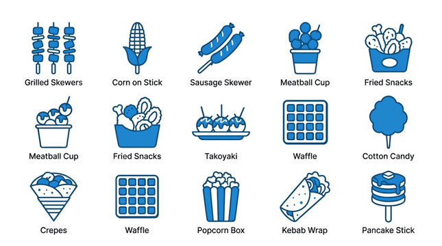 Premium flat minimal vector icon set of 12 street food items in single color style: grilled skewers, corn on stick, sausage skewer, meatball cup, fried snacks, takoyaki, crepes, waffle, cotton candy