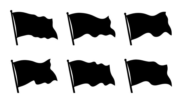 Six Black Waving Flag Silhouettes, Vector Set, Isolated on White Background, Minimalist Design for Graphic Elements