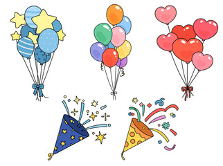 Birthday balloons and confetti poppers for cheerful party celebration decorations © ghdtL