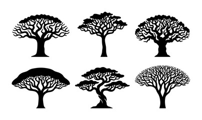 Set of Six Stylized Silhouette Trees, Organic Branching Forms, Vector Illustrations for Nature and Ecology Designs © Farzana