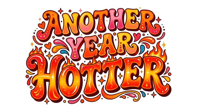 Another year hotter lettering with flames and stars vector illustration