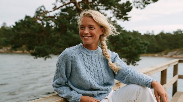 Blonde Woman in Blue Sweater Posing on Pier with Lake View