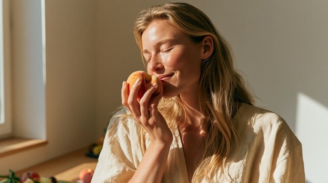 Serene Morning at Home - Woman Enjoying Fresh Apple