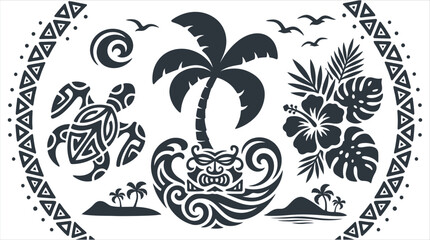 Tribal Polynesian Tattoo Style Artwork Featuring Tropical Elements like Palm Trees, Turtles, and Flowers © Pronob Kumar Ray