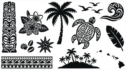 Polynesian and Hawaiian tribal vector elements set including tiki mask, sea turtle, palm trees, and tropical flowers © Pronob Kumar Ray