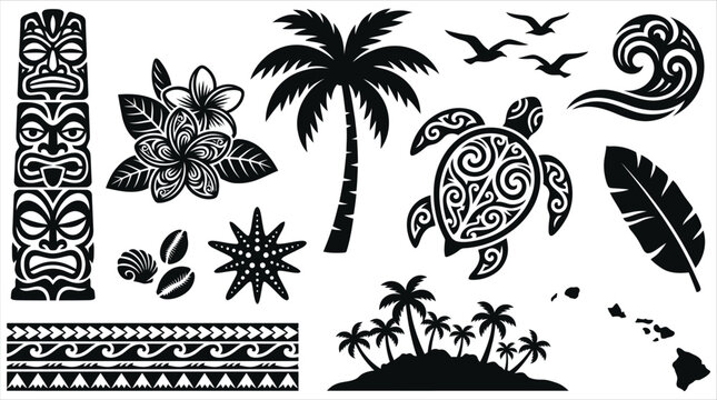 Polynesian and Hawaiian tribal vector elements set including tiki mask, sea turtle, palm trees, and tropical flowers
