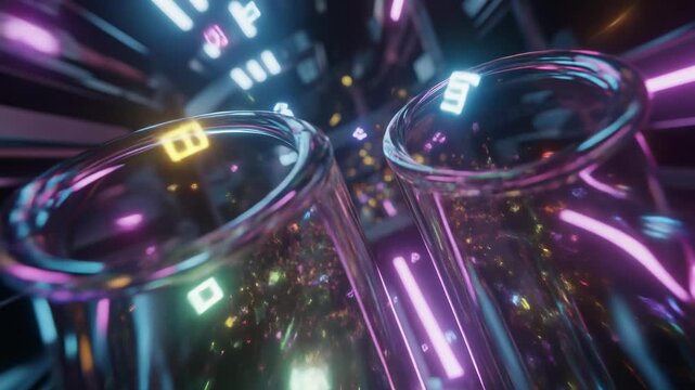 Abstract Digital Tunnel with Neon Numbers and Geometric Shapes.