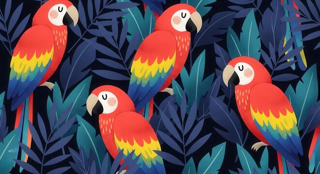 Seamless Tropical Pattern with Colorful Macaw Parrots and Exotic Jungl