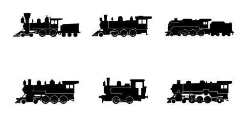 Vintage Steam Locomotive Silhouettes, Classic Train Icons, Retro Locomotive Collection, Transportation Vector Set © Karim