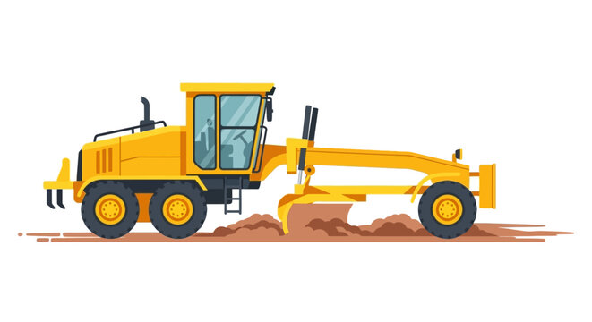 Yellow Motor Grader Heavy Construction Machinery Vector Illustration for Road Grading and Soil Leveling Projects