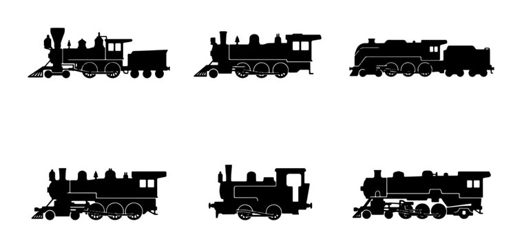 Vintage Steam Locomotive Silhouettes, Classic Train Icons, Retro Locomotive Collection, Transportation Vector Set