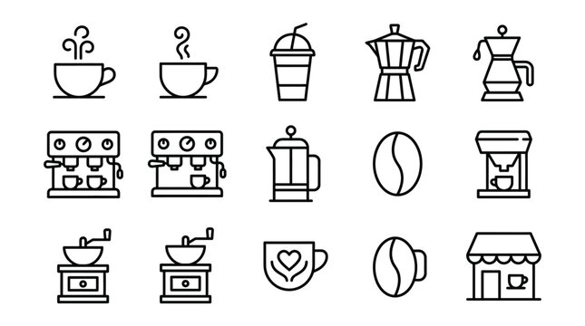 Coffee icons including cups, machines, and beans on white background