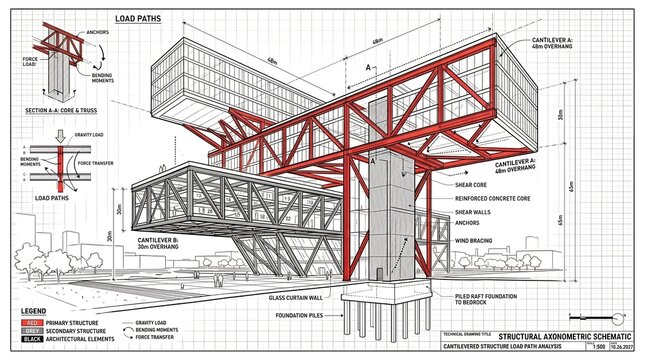 Structural axonometric schematic of a cantilevered building showing load path analysis and structural elements