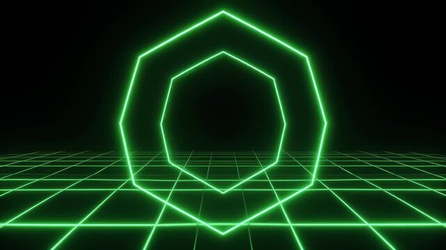 Futuristic Neon Octagon Portal on Digital Grid Background.