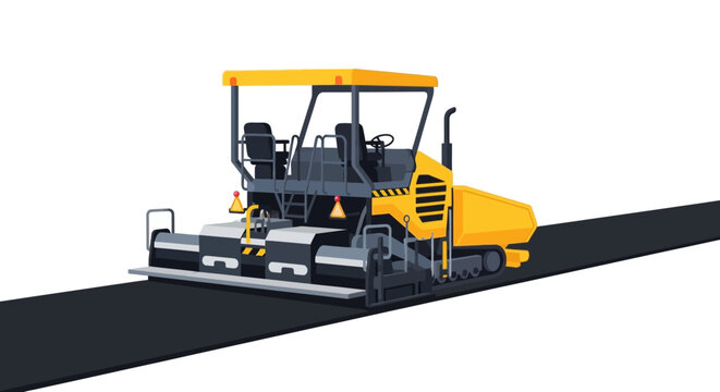 Yellow Asphalt Paver Machine Laying New Road Surface Vector Illustration, Road Construction and Infrastructure Concept, Isolated on White Background
