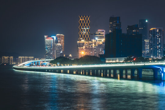 Xiamen cityscape at night - China. Xiamen is a major coastal city in southeastern Fujian Province, China. It also known as "the garden on the sea".