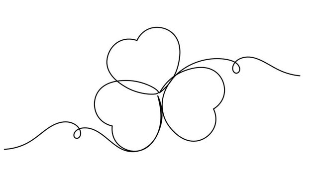Continuous one line drawing of three leaves clover icon single art on white background minimal risk luck and flowing organic shape symbol 4k animation video