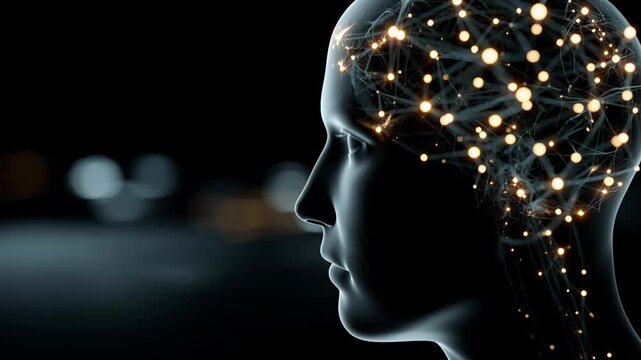 A human head model shows an illuminated brain. The focus is on exploring neurology and innovations in artificial intelligence. The insights highlight advancements and future trends