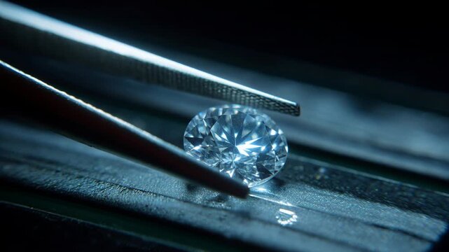 A person uses tweezers to hold a diamond in a workshop setting. Bright light reflects off the diamond's surface, showcasing its shine and clarity at night