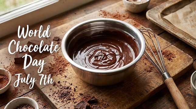 Chocolate mixture in a bowl with whisk on wooden board for world chocolate day