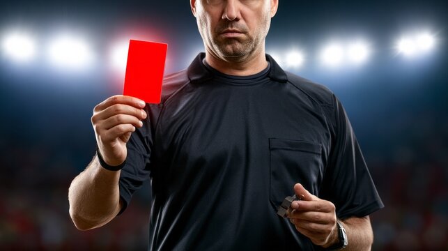 Referee holding red card and whistle, representing penalty and enforcing rules at a professional football championship game