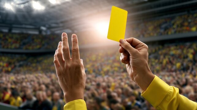 Referee hand holding a yellow card, signaling a penalty during an intense football championship game with an excited crowd